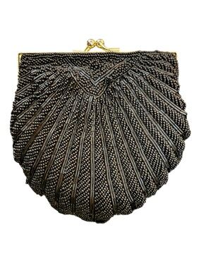 La Regale Black Beaded Shell Clutch Evening Bag Formal Cocktail Vintage
